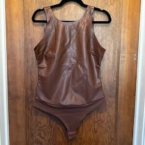 NWT Pinsy Bonded High Neck Shapesuit Bodysuit XL Brown Vegan‎ Leather